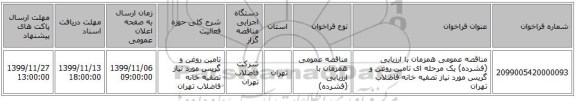 مناقصه عمومی همزمان با ارزیابی (فشرده) یک مرحله ای تامین روغن و گریس مورد نیاز تصفیه خانه فاضلاب تهران 