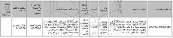 فراخوان ارزیابی کیفی خرید25500 متر کابل 66 کیلوولت با سطح مقطع 1200 میلیمتر مربع و با عایق XLPE و تجهیزات مربوطه برای خط کابلی66 کیلوولت ارتباطی پست ها