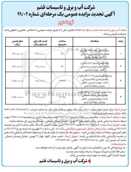 مزایده،تجدید مزایده فروش املاک تجاری نوبت دوم