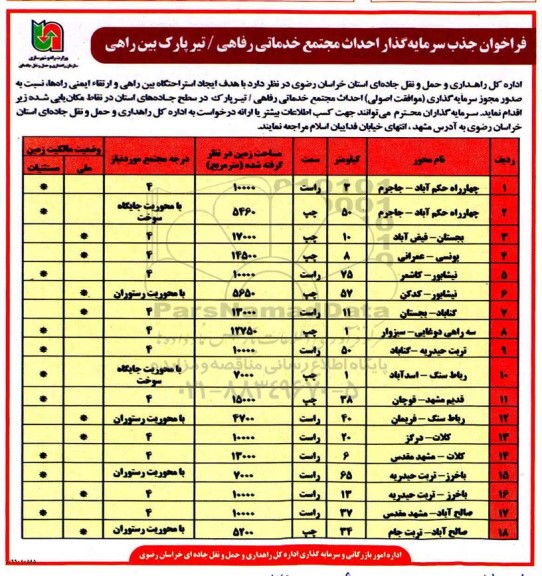 فراخوان، فراخوان جذب سرمایه گذار احداث مجتمع خدماتی رفاهی- تیر پارک بین راهی