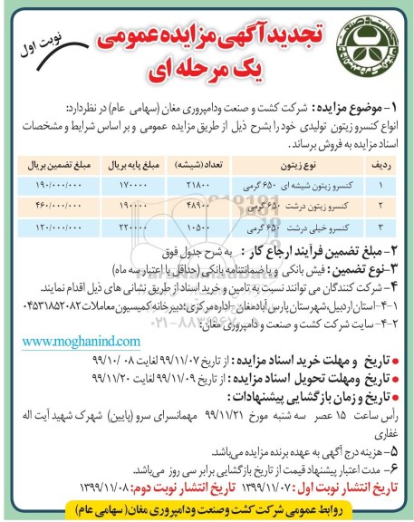 تجدید مزایده, تجدید مزایده انواع کنسرو زیتون تولیدی