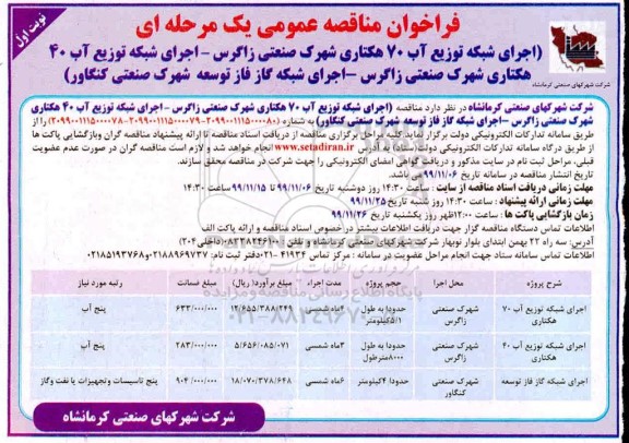 فراخوان مناقصه اجرای شبکه توزیع آب 70 هکتاری ...