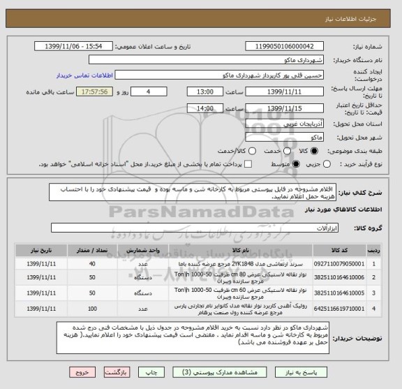 استعلام  اقلام مشروحه در فایل پیوستی مربوط به کارخانه شن و ماسه بوده و  قیمت پیشنهادی خود را با احتساب هزینه حمل اعلام نمایید.