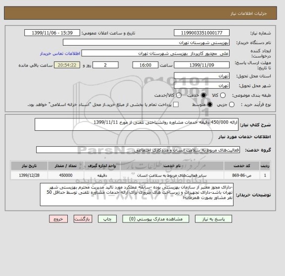 استعلام ارائه 450/000 دقیقه خدمات مشاوره روانشناختی تلفنی از مورخ 1399/11/11