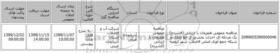 مناقصه عمومی همزمان با ارزیابی (فشرده) یک مرحله ای احداث بخشی از خط انتقال و شبکه جمع آوری اصلی فاضلاب شهر ارومیه