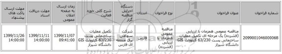 مناقصه عمومی همزمان با ارزیابی (فشرده) یک مرحله ای تکمیل عملیات ساختمانی  پست 63/230 کیلوولت GIS دانشگاه شیراز 