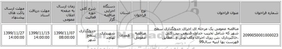 مناقصه عمومی یک مرحله ای اجرای جدولگذاری سطح شهر که شامل تخریب جداول قدیمی ،پی کنی ،خاکبرداری ،بتن ریزی اجرای وکف پوش و...مطابق فهرست بها ابنیه سال99