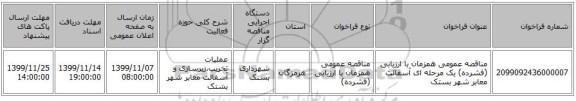 مناقصه عمومی همزمان با ارزیابی (فشرده) یک مرحله ای آسفالت معابر شهر بستک