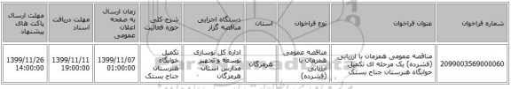 مناقصه عمومی همزمان با ارزیابی (فشرده) یک مرحله ای تکمیل خوابگاه هنرستان جناح بستک