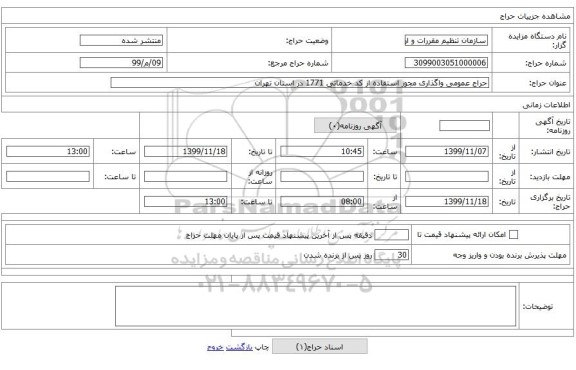 حراج عمومی واگذاری مجوز استفاده از کد خدماتی 1771 در استان تهران