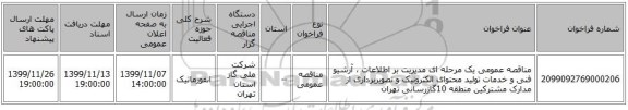 مناقصه عمومی یک مرحله ای مدیریت بر اطلاعات ، آرشیو فنی و خدمات تولید محتوای الکترونیک و تصویربرداری از مدارک مشترکین منطقه 10گازرسانی تهران