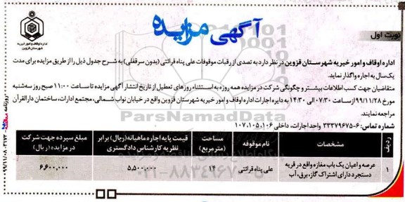 مزایده , مزایده عرصه و اعیان یک باب مغازه 