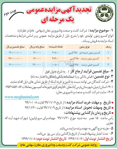تجدید مزایده, تجدید مزایده انواع کنسرو زیتون تولیدی- نوبت دوم 