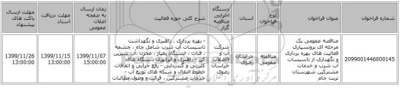 مناقصه عمومی یک مرحله ای برونسپاری فعالیت های بهره برداری و نگهداری از تاسیسات آب شرب و خدمات مشترکین شهرستان تربت جام