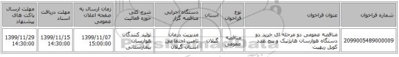 مناقصه عمومی دو مرحله ای خرید دو دستگاه هوارسان هایژنیک و پنج عدد کویل ریهیت
