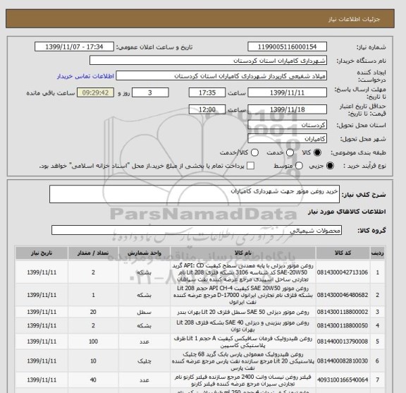 استعلام خرید روغن موتور جهت شهرداری کامیاران
