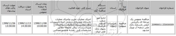 مناقصه عمومی یک مرحله ای باارزیابی کیفی بازسازی بانک ملی شعبه آب وبرق مشهد