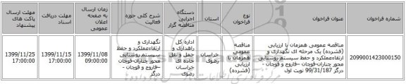 مناقصه عمومی همزمان با ارزیابی (فشرده) یک مرحله ای نگهداری و ارتقاءعملکرد و حفظ سیستم روشنایی محور چناران-قوچان –فاروج و قوچان -درگز 99/31/187 نوبت اول