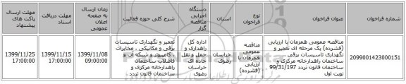 مناقصه عمومی همزمان با ارزیابی (فشرده) یک مرحله ای تعمیر و نگهداری تاسیسات برقی .. ساختمان راهدارخانه مرکزی و ساختمان قانون تردد 99/31/197 نوبت اول