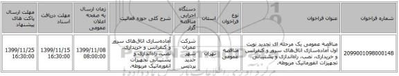 مناقصه عمومی یک مرحله ای تجدید نوبت اول آماده‌سازی اتاق‌های سرور و کنفرانس و خریداری، نصب، راه‌اندازی و پشتیبانی تجهیزات انفورماتیک مربوطه.
