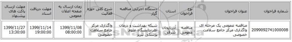 مناقصه عمومی یک مرحله ای واگذاری مرکز جامع سلامت خصوصی