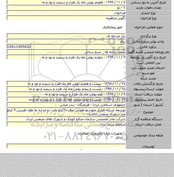 توسعه شبکه فشار متوسط هوایی برق ۲۰کیلو ولت دو مداره به طول تقریبی ۹ کیلو متر شهرک صنعتی جاسک