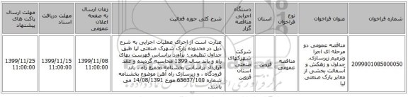 مناقصه عمومی دو مرحله ای اجرا وترمیم زیرسازی، جداول و زهکش و آسفالت بخشی از معابر پارک صنعتی لیا