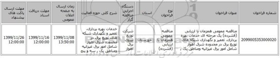 مناقصه عمومی همزمان با ارزیابی (فشرده) یک مرحله ای خدمات بهره برداری، تعمیر و نگهداری شبکه های توزیع برق در محدوده شرق اهواز شامل امور برق غیزانیه ومناطق یک ,