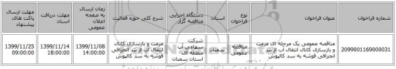 مناقصه عمومی یک مرحله ای مرمت و بازسازی کانال انتقال آب از بند انحرافی قوشه به سد کالپوش