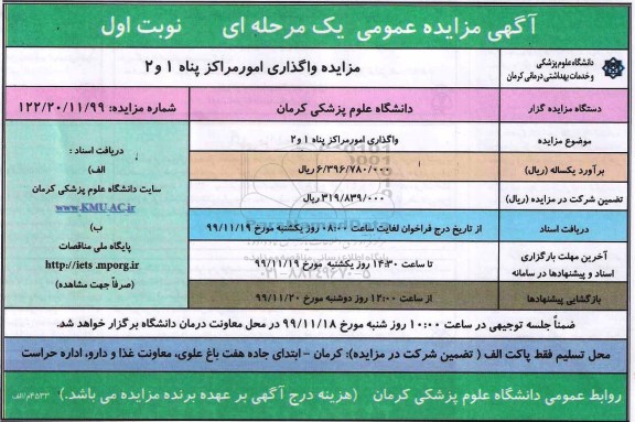 مزایده , مزایده واگذاری امور مراکز پناه 1 و 2