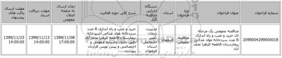 مناقصه عمومی یک مرحله ای خرید و نصب و راه اندازی 6 عدد سردخانه مواد غذائی بیمارستان فاطمه الزهرا نجف آباد