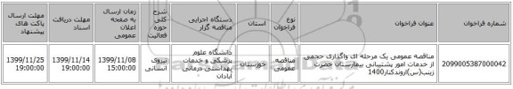 مناقصه عمومی یک مرحله ای واگذاری حجمی از خدمات امور پشتیبانی بیمارستان حضرت زینب(س)اروندکنار1400