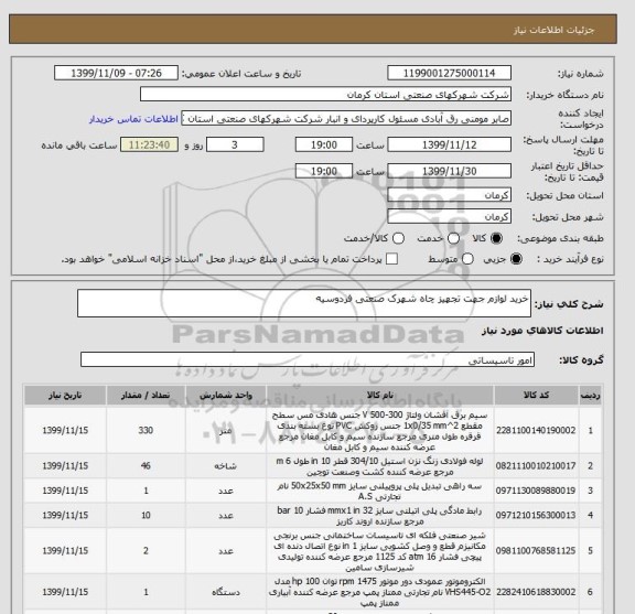 استعلام خرید لوازم جهت تجهیز چاه شهرک صنعتی فردوسیه