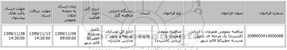 مناقصه عمومی همزمان با ارزیابی (فشرده) یک مرحله ای تکمیل مدرسه خطیرکلا قائم شهر