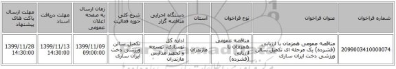 مناقصه عمومی همزمان با ارزیابی (فشرده) یک مرحله ای تکمیل سالن ورزشی دخت ایران ساری