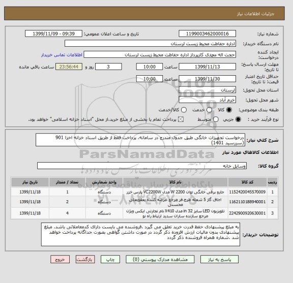 استعلام درخواست تجهیزات خانگی طبق جدول مندرج در سامانه، پرداخت فقط از طریق اسناد خزانه اخزا 901  (سررسید 1401) 