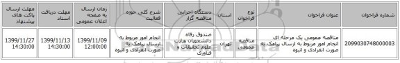 مناقصه عمومی یک مرحله ای انجام امور مربوط به ارسال پیامک به صورت انفرادی و انبوه