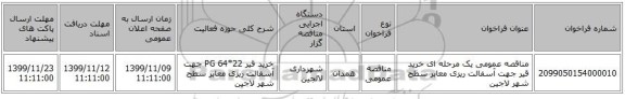 مناقصه عمومی یک مرحله ای خرید قیر جهت آسفالت ریزی معابر سطح شهر لاجین