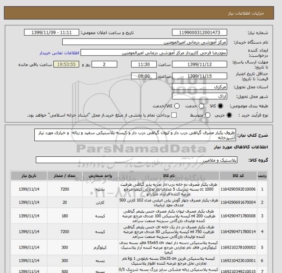 استعلام ظروف یکبار مصرف گیاهی درب دار و لیوان گیاهی درب دار و کیسه پلاستیکی سفید و زباله و خیاری مورد نیاز آشپزخانه