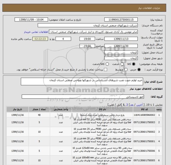 استعلام خرید لوازم جهت نصب شیرهای آتشنشانی در شهرکها ونواحی صنعتی استان کرمان