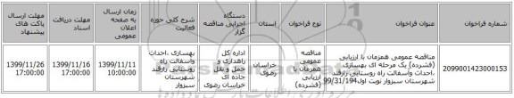 مناقصه عمومی همزمان با ارزیابی (فشرده) یک مرحله ای بهسازی ،احداث وآسفالت راه روستایی رازقند شهرستان سبزوار  نوبت اول99/31/194
