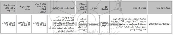 مناقصه عمومی یک مرحله ای خرید چهاردستگاه الکتروپمپ 55 کیلووات با دبی560 مترمکعب در ساعت ایستگاه پمپاژ اسکله آبگیر تصفیه خانه آب اضطراری شوشتر