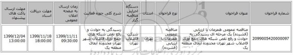 مناقصه عمومی همزمان با ارزیابی (فشرده) یک مرحله ای رسیدگی به حوادث و رفع نقص شبکه های جمع آوری فاضلاب شهر تهران محدوده آبفای منطقه یک 