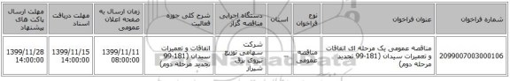 مناقصه عمومی یک مرحله ای اتفاقات و تعمیرات سیدان (181-99 تجدید مرحله دوم)