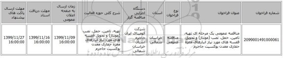 مناقصه عمومی یک مرحله ای تهیه، تامین، حمل، نصب (مونتاژ) و تحویل قفسه های مورد نیاز انبارهای مغزه حفاری معدن بوکسیت جاجرم
