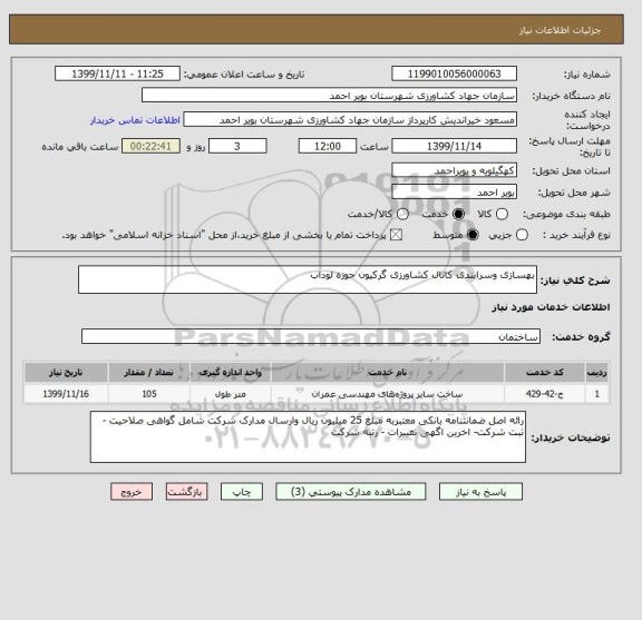 استعلام بهسازی وسرابندی کانال کشاورزی گرکیون حوزه لوداب