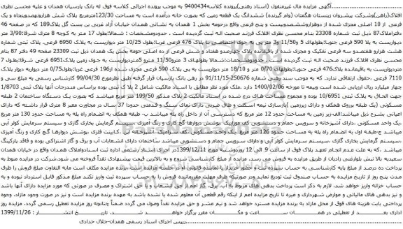 آگهی مزایده ششدانگ یک قطعه زمین به مساحت 123/30مترمربع