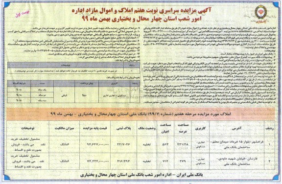 مزایده،مزایده فروش املاک و اموال مازاد کاربری مسکونی و تجاری نوبت هفتم نوبت اول