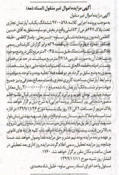 مزایده مزایده ششدانگ یکباب آپارتمان تجاری