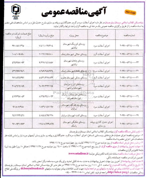 مناقصه عمومی, مناقصه اجرای آسفالت سرد و گرم و جدولگذاری و پیاده روسازی